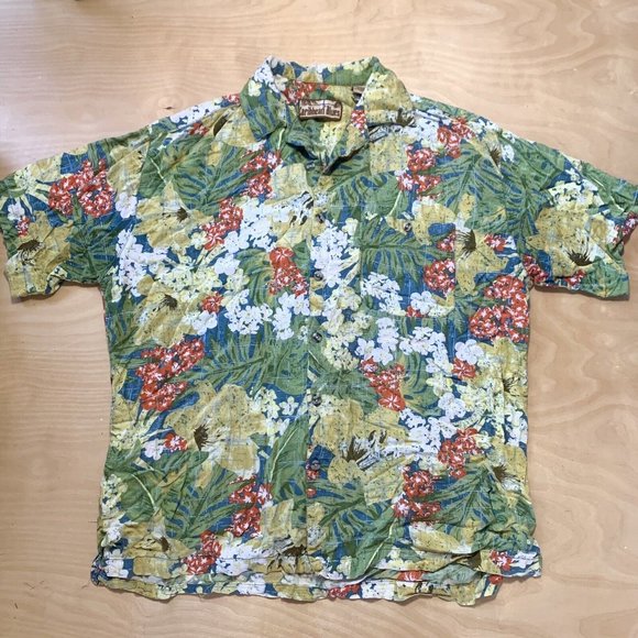 Caribbean Blues Men’s Hawaiian Shirt Size XL Green & Yellow Floral Vintage - Picture 3 of 6